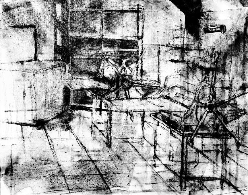 A black-and-white print showing the school’s historic presses
