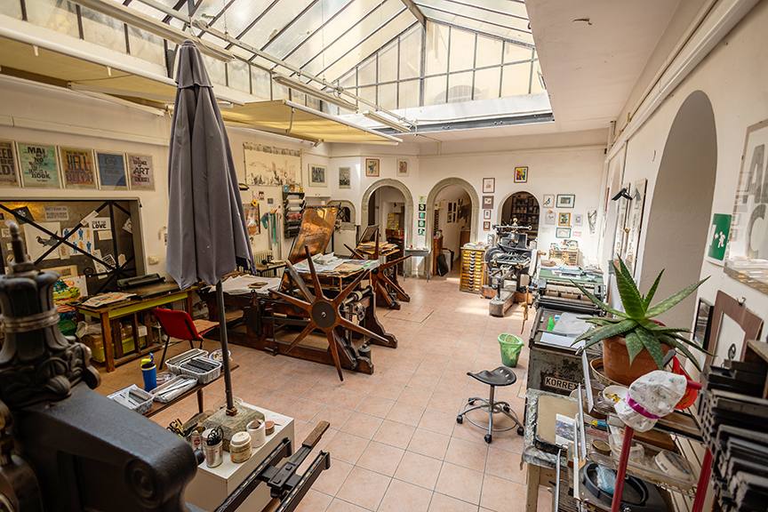 The skylit historic print studio at the Florence School of Fine Arts